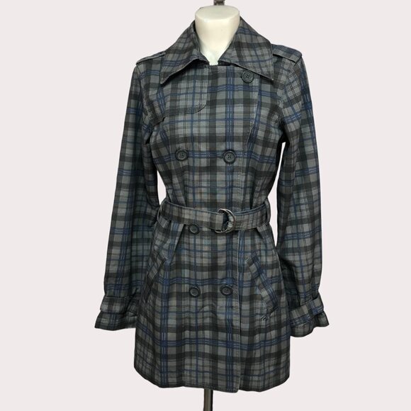 Nwot Hurley Grey & Blue Plaid Checkered Trench Coat Size Large - Picture 2 of 10